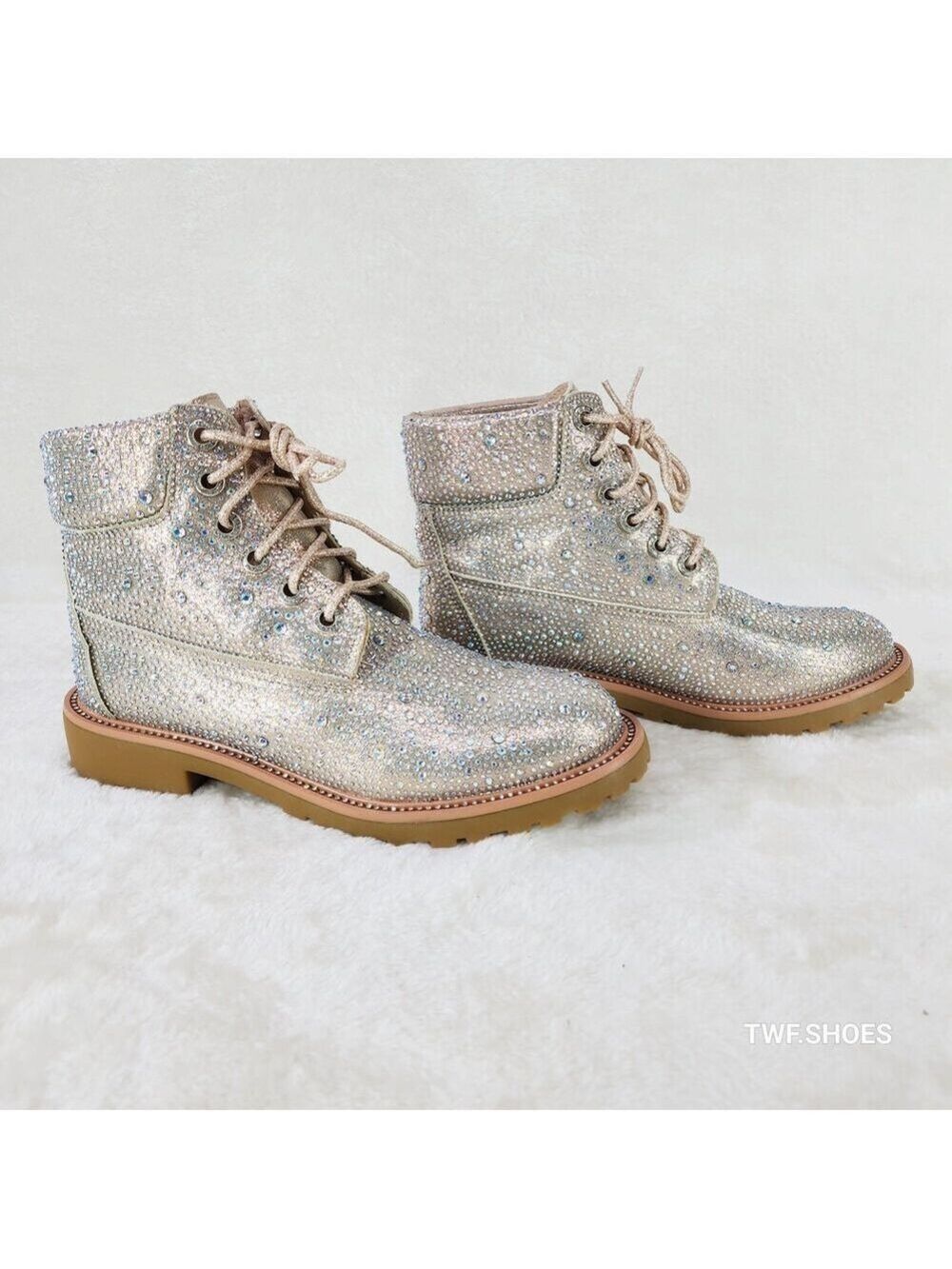 NIB Wonder Sparkling Rhinestone Combat Ankle Boots Metallic Rose Gold Champagne - Picture 8 of 12
